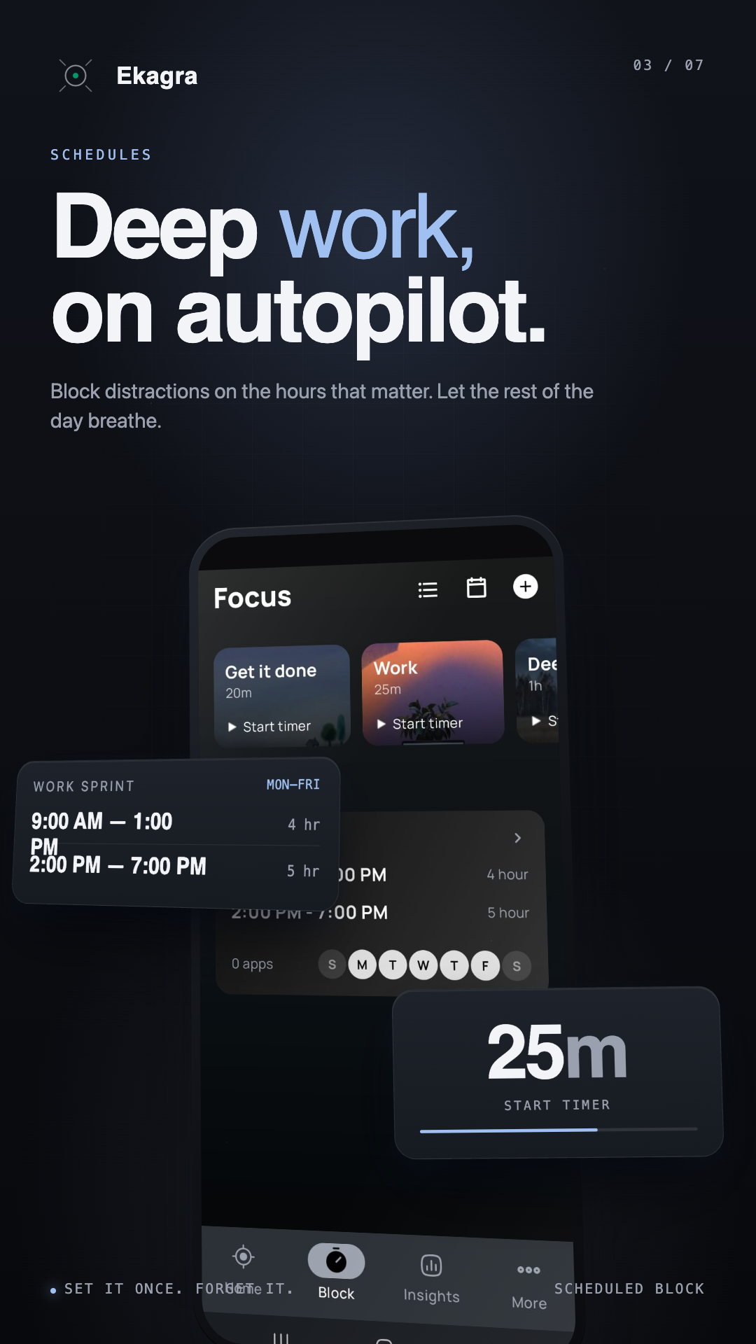 Focus tab showing a Work Sprint schedule from 9 AM to 1 PM and 2 PM to 7 PM, Monday to Friday.